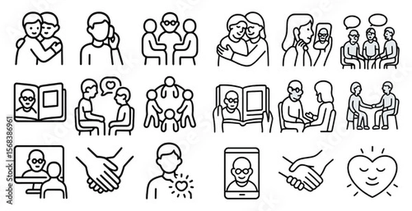 Fototapeta Series of images of people in various positions, including holding hands, hugging, and sitting. The mood of the images is positive and friendly, conveying a sense of connection