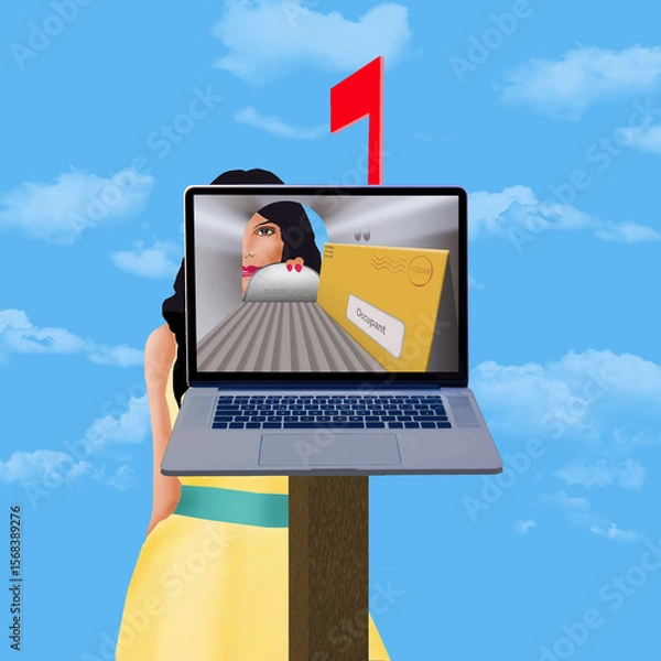 Obraz Online junk mail, or spam is just like the junk mail this lady gets in her  mailbox at home. A mailbox is seen on a laptop screen with junk mail in the box. 3-d illustration.