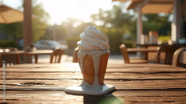 Obraz soft serve vanilla ice cream in waffle cone with blurred outdoor summer background