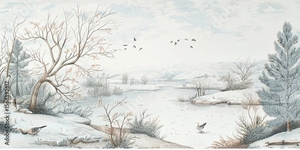 Fototapeta Winter wonderland with snow-covered fields and trees.