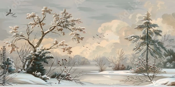 Fototapeta Winter wonderland with snow-covered fields and trees.