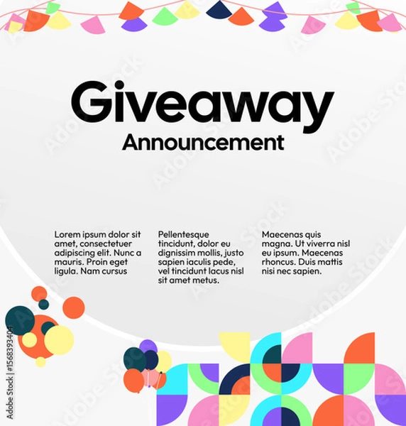 Fototapeta Social Media Templates Announcement Giveaway Winners. Festive background with cheerful colorful geometric art for announcement of prize winners