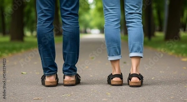Fototapeta Close-up of two people's legs wearing jeans and black sandals, standing on a paved path in a park with blurred background of trees, representing togetherness and casual lifestyle.