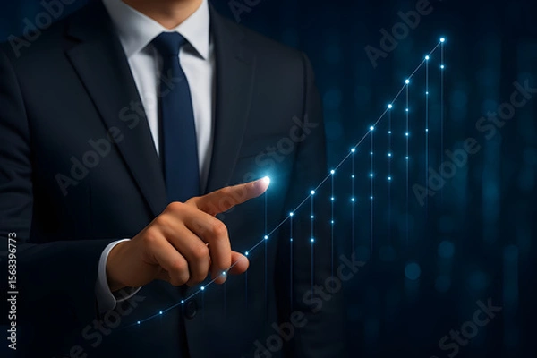 Obraz Business leader activating futuristic data streams in modern cityscape representing growth, innovation, success, technology, and digital transformation potential