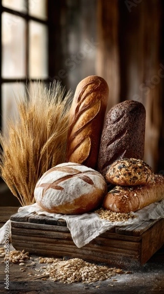Obraz Artisanal bakery display with assorted breads and pastries