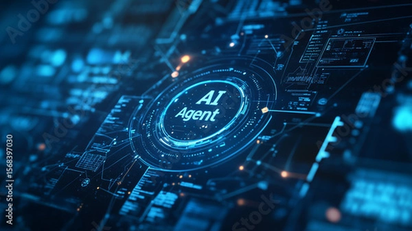 Obraz Blue-toned corporate background with tech-inspired digital elements and glowing text AI Agent at the center, symbolizing modern AI integration