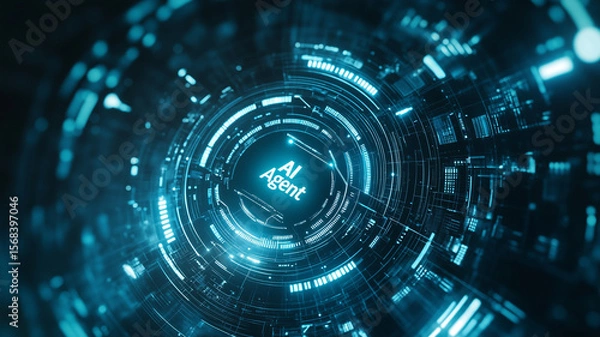 Obraz Blue-toned corporate background with tech-inspired digital elements and glowing text AI Agent at the center, symbolizing modern AI integration