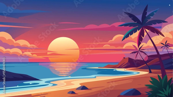 Fototapeta Vibrant Sunset Beach Scene with Palm Trees, Colorful Sky, and Calm Ocean Waters