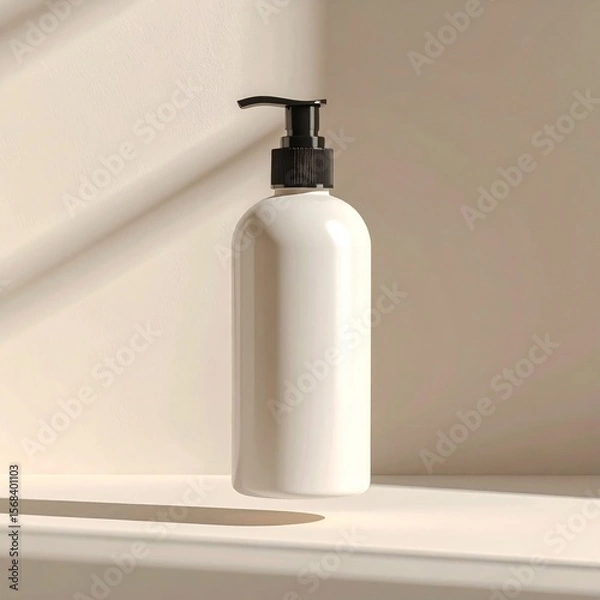 Fototapeta White Pump Bottle on Beige Background