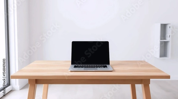 Obraz modern laptop on wooden desk with white wall background, minimal workspace setup for business, technology, or study concept