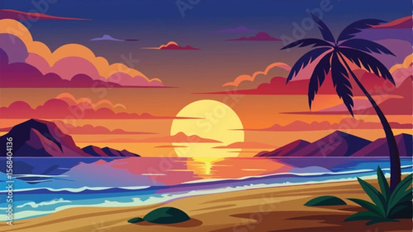Fototapeta Colorful Tropical Sunset Beach Scene with Palm Tree and Mountain Silhouette View