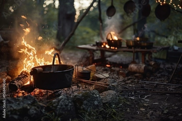 Fototapeta Rustic campfire setup with pots and pans in a forest setting