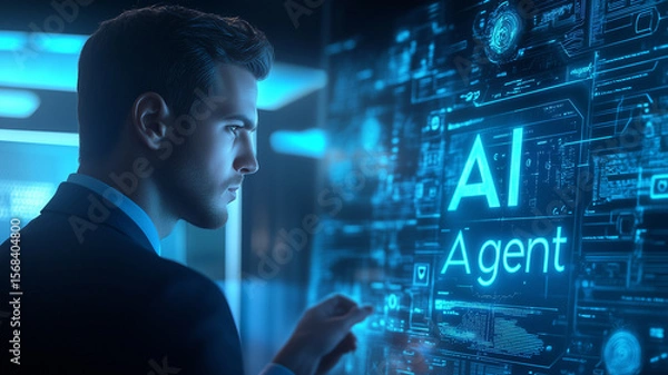 Obraz Businessman analyzing an abstract futuristic dashboard with the words AI Agent on a transparent digital screen, surrounded by blue holographic elements