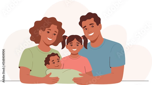 Obraz Illustration of a happy family with two children and parents smiling together