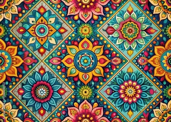Fototapeta Modern home décor featuring seamless digital wallpaper, textile prints, and geometric/abstract surface patterns.
