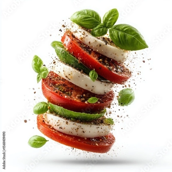Obraz Falling slices of mozzarella, tomatoes, and basil isolated on white background ultra-detailed. Summer food or lifestyle concept