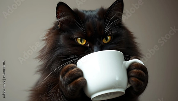 Fototapeta Photo of an intense black cat with yellow eyes drinks from a white mug
