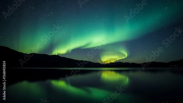 Fototapeta Aurora Borealis Reflected in Serene Lake Under Starry Night