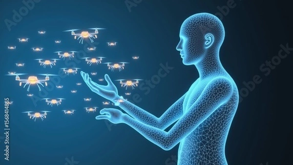 Obraz rendering human figure grid like pattern its body figure standing front dark blue background facing towards right side front figure several small orange drones flying air drones appear flying