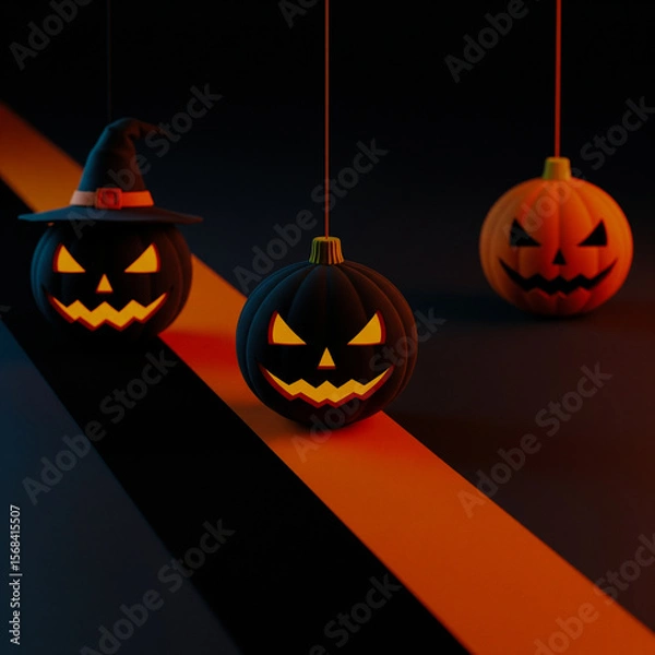Obraz Eerie Halloween Pumpkins Glowing Black Jack o Lanterns Witchs Hat Hanging Orange Jack o Lantern Diagonal Grey Orange Surface Striking Festive Eerie
