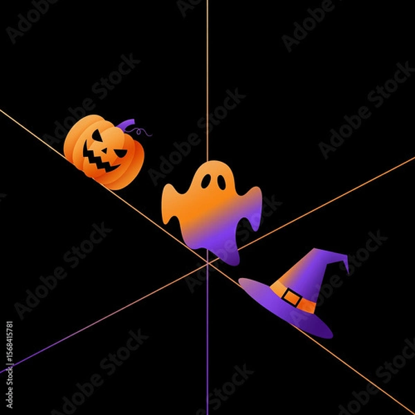 Obraz Dynamic Halloween Symbols Jack o Lantern Gradient Ghost Witchs Hat on Black Glowing Orange Purple Lines Abstract Design with Depth Movement