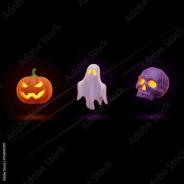 Obraz Glowing Halloween Icons Jack o Lantern White Ghost Purple Skull with Spiderweb Dark Minimalist Background Subtle Glowing Lines Eerie Ambiance