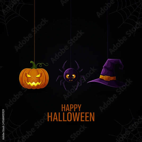 Obraz Charming Happy Halloween Graphic Hanging Jack o Lantern Purple Spider Witchs Hat Dark Textured Background Spiderwebs Festive Holiday Greeting