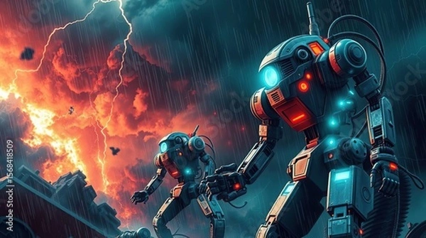 Obraz Robots Stormy Weather Cityscape.