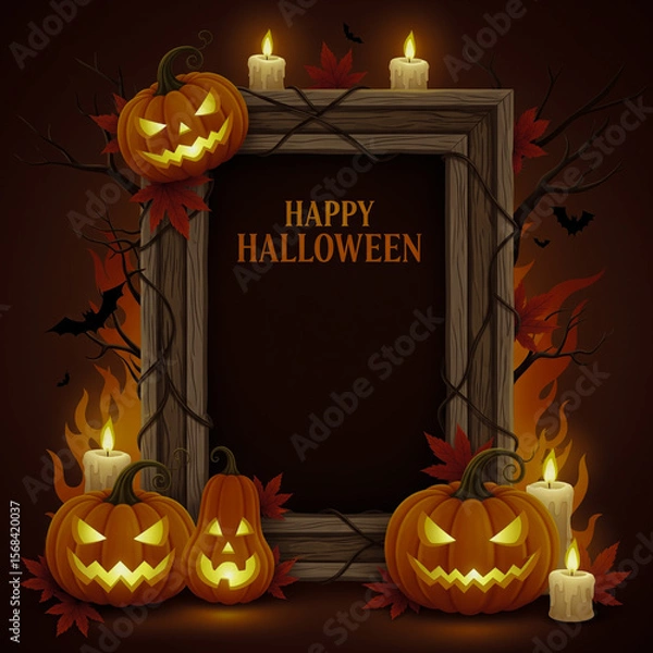 Obraz Happy Halloween Wooden Frame Decor Glowing Jack o Lanterns Flickering Candles Autumn Leaves Bare Branches Bats Orange Flames Spooky Festive Ambiance
