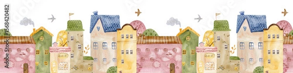 Obraz Cute seamless watercolor border pattern with colorful houses, trees, and clouds. rchitectural seamless border pattern. Ideal for children prints, nursery decor, fabric, and stationery.