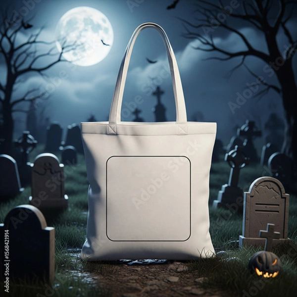 Obraz Halloween Tote Bag Mockup White Canvas Bag in Misty Graveyard at Night Glowing Moon Tombstones Spooky Trees Jack o Lantern Eerie Atmospheric