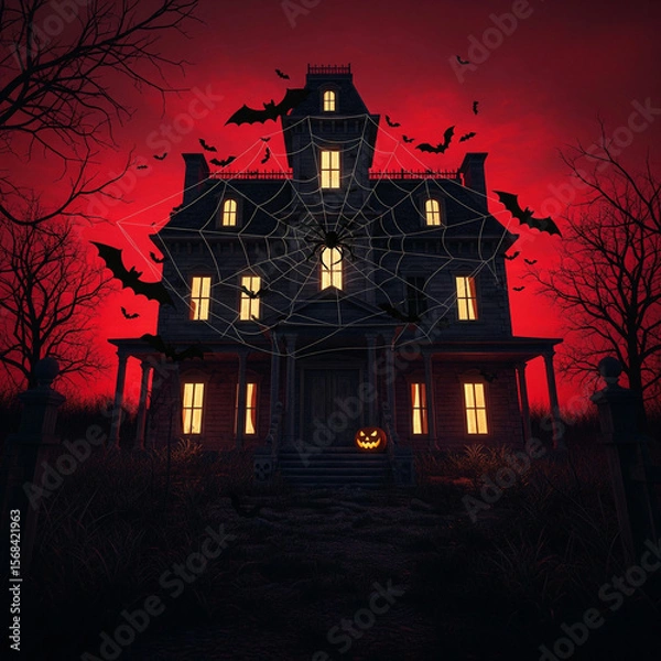 Obraz Classic Eerie Haunted House Foreboding Mansion Under Red Sky Silhouetted Trees Flying Bats Glowing Windows Giant Spiderweb Jack o Lantern Halloween Night