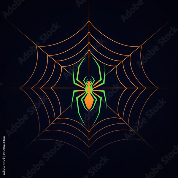 Obraz Vibrant Halloween Spiderweb Orange Green Spider on Glowing Orange Web Dark Background Striking Visual Nature Inspired Spooky
