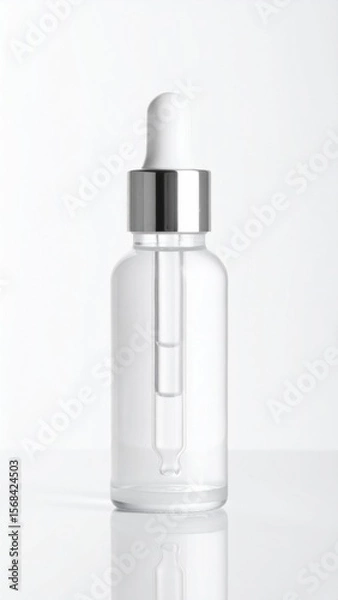 Obraz Clear Glass Dropper Bottle with Silver Cap on White Background