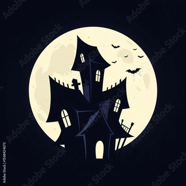 Obraz Haunted House Silhouette at Full Moon Multiple Spires Windows Against Glowing Moon Flying Bats Eerie Spooky Halloween Night Scene