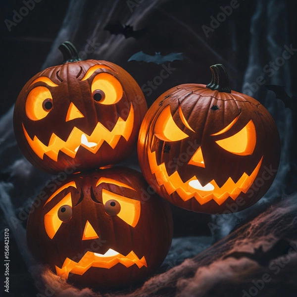 Obraz Stacked Glowing Halloween Pumpkins Illuminated Carved Faces Eerie Light Bats Flying Cobwebs Festive Spooky Ambiance