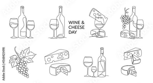 Obraz Wine and cheese illustration set for Wine & Cheese Day celebration  