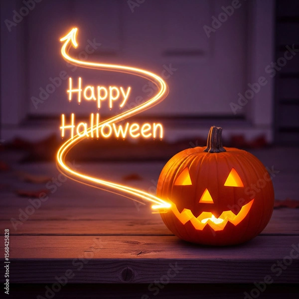 Obraz Festive Happy Halloween Jack o Lantern Glowing Pumpkin Ethereal Light Trail Forming Text Weathered Porch Blurred Door Fallen Leaves Warm Inviting Greeting