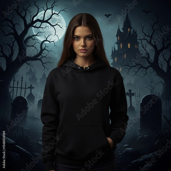 Obraz Moonlit Graveyard with Woman Young Woman in Black Hoodie Full Moon Skeletal Trees Haunted House Flying Bats Tombstones Spooky Atmospheric Scene