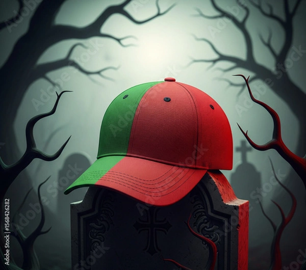 Obraz Eerie Halloween Cap on Tombstone Half Red Half Green Baseball Cap on Weathered Tombstone Skeletal Trees Silhouette Ethereal Sky Haunted Mysterious Atmosphere
