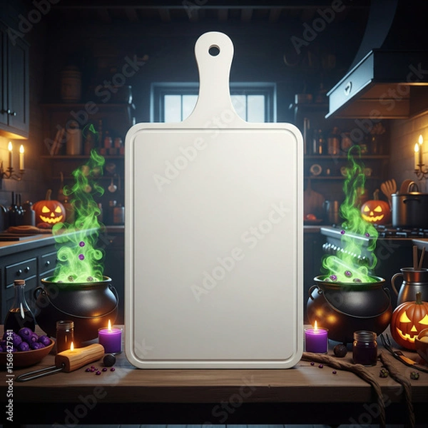 Obraz Halloween Kitchen Witchs Brew White Cutting Board on Rustic Counter Bubbling Green Cauldrons Jack o Lanterns Purple Candles Spooky Potion Making Scene