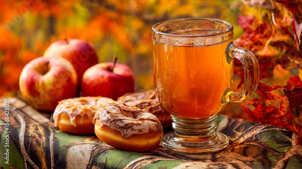 Fototapeta Cozy autumn scene with warm apple cider, baked goods, and fresh apples on a fall-themed tablecloth