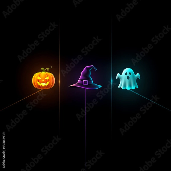 Obraz Minimalist Glowing Halloween Icons Black Background Vertical Light Lines Orange Purple Blue Jack o Lantern Witchs Hat Ghost Sleek Modern Holiday Design