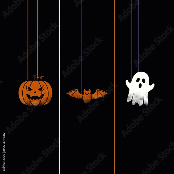 Obraz Stark Halloween Symbols Graphic Vertical Hanging Jack o Lantern Bat Ghost on Black Background White Orange Lines Minimalist Distressed Texture