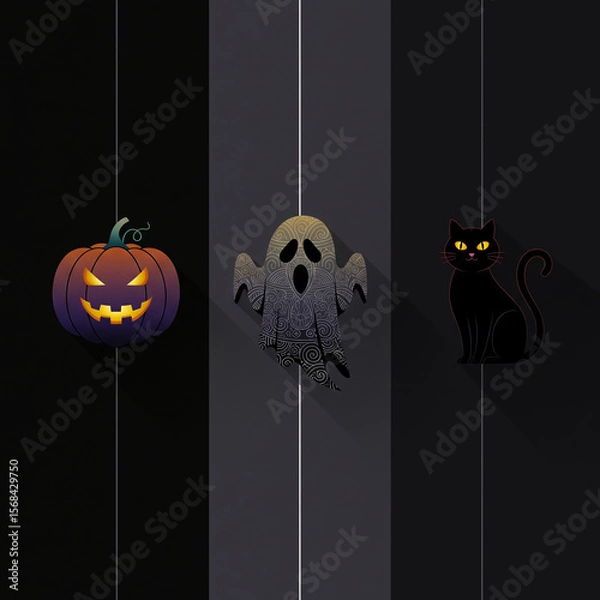 Obraz Modern Halloween Symbols Graphic Purple Jack o Lantern Grey Ghost Black Cat Striped Grey Black Background White Lines Clean Contemporary Design