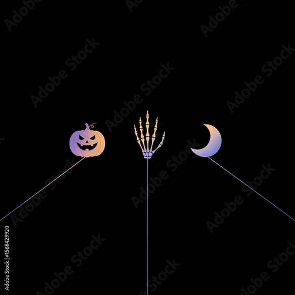 Obraz Subtle Spooky Halloween Icons Purple Orange Jack o Lantern Skeletal Hand Gradient Moon Glowing Lines on Black Background Minimalist Artistic Design
