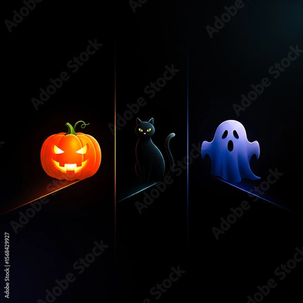 Obraz Minimalist Glowing Halloween Icons Jack o Lantern Black Cat White Ghost Vertical Glowing Lines Orange Blue Modern Clean Holiday Aesthetic