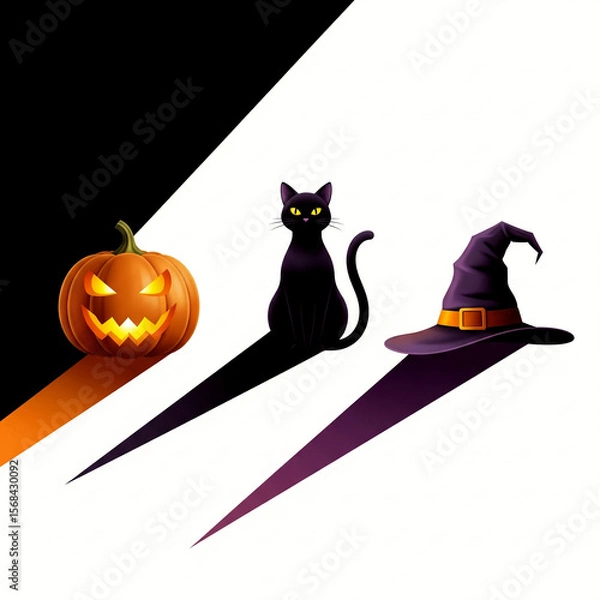 Obraz Vibrant Halloween Graphic Jack o Lantern Black Cat Purple Witchs Hat Diagonal Black White Background Dramatic Shadows High Contrast Holiday Design