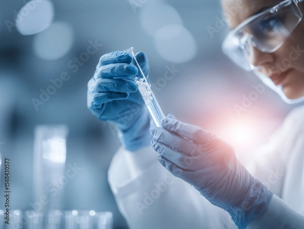 Fototapeta Caucasian Female Scientist Examining Test Tube in Laboratory During Research Experiment