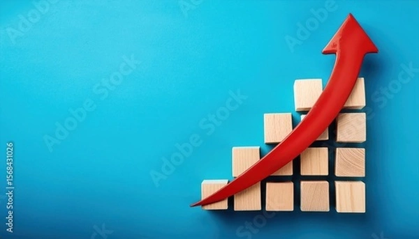 Obraz Wooden Blocks Stacking with Red Arrow Up - Business Growth and Success Process
